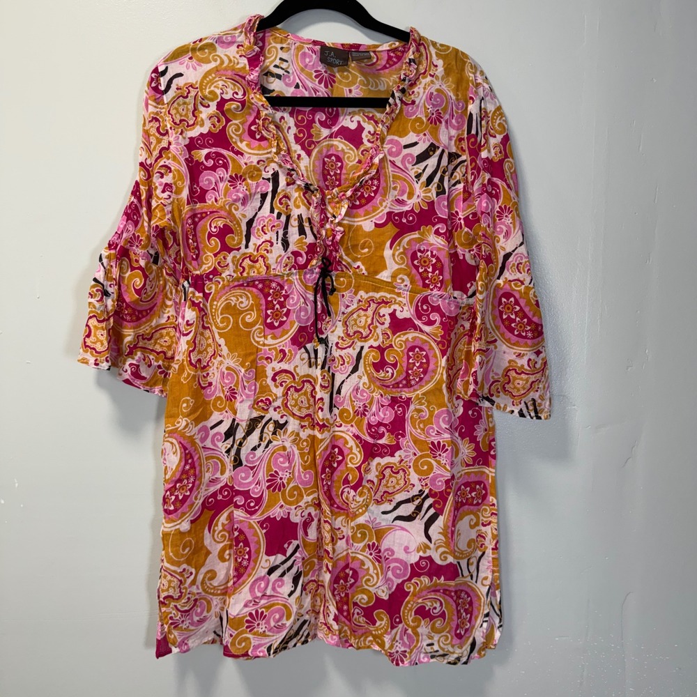 JA Sport Womens Pink Orange Paisley Cotton Tunic Top Size Large Lightweight Boho